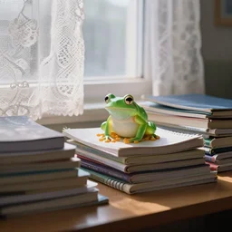 Cute glass frog on a student's table haphazardly piled with notebooks in front of a window with delicate lace curtains. Evening, soft light rays. 8k. High detail. Calm
