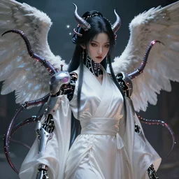 buddhist taoist wuxia art drawing painting of demon angel cyborg mutant cg anime girl beautiful face portrait and mechanical tentacles and synaptic glows wearing white silk robe 3 d photorealistic cinematic shot with leica zeiss depth of field and lens flare in style of frank miller alex ross kentaro miura giger ito junji squareenix trending on pixiv artstation