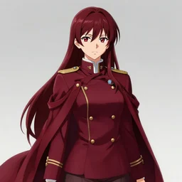 a highly detailed illustration of meisa kuroki as a long dark red haired wearing wine red epaulette uniform and coat cape, dramatic smiling pose, perfect face, intricate, elegant, highly detailed, centered, digital painting, artstation, concept art, smooth, sharp focus, league of legends concept art, wlop