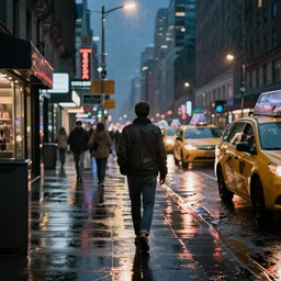« a man walking in a night raining streets, new york, big city, taxi, yellow cars, shops one the side with neons »