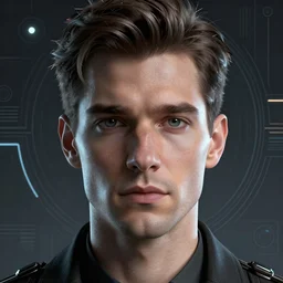 retrofuturistic portrait of a man, space graphics art in background, close up, wlop, dan mumford, artgerm, liam brazier, peter mohrbacher, 8 k, raw, featured in artstation, octane render, cinematic, elegant, intricate, 8 k