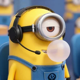 minion using headset and making bubble gum