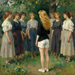 a beautiful painting of a thin girl with long curly blond hair. she is wearing a black shirt and white shorts with white shoes. she is standing facing away from us talking to a group of her friends. they are all standing in front of a tree. in style of ilya repin, trending on artstation