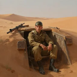 beautiful digital painting of a soldier in a trench waiting for the war to end, in the sahara desert. cinematic lighting, atmospheric emotions by greg rutkowski,