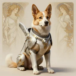 a anthropomorphic dog wearing scifi armor with light, diffuse lighting, fantasy, intricate, elegant, highly detailed, lifelike, photorealistic, digital painting, artstation, illustration, concept art, smooth, sharp focus, art by john collier and albert aublet and krenz cushart and artem demura and alphonse mucha