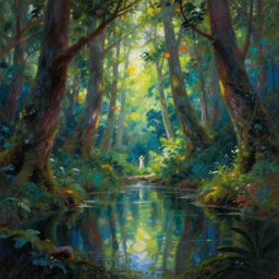 beautiful dryads, paradise forest, colorful light, reflections, pond, grove glenn, classicism, fantasy painting