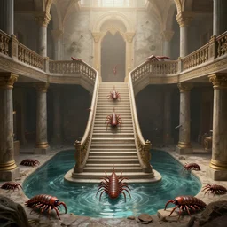 and the Lord said unto me, tread not upon the waters that find their lowest point at a local maximum, centipedes are frolicking, frolicking, one masterful centerpiece of a broad hall stair, descending, descending into the pit of hell, everlaster the staircase folds in on itself and it is revealed that the frothing mouths don't WANT the escalation, they only ask for it because it is expected of their past. trending on artstation.