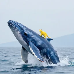 a blue whale jumping out of the water with a yellow cat on its back, 4k