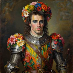 portrait of a medieval warrior patrick swayze, goth punk, floral flowers, rainbow colors, surreal, a flemish baroque by alexander mcqueen, art by john collier by greg rutkowski and craig mullins, oil on canvas