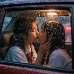 close up through a steamy window high school kids making out in a car at night in the rain, colorful!!, nighttime!, raining!