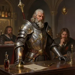 digital painting of an old paladin in a bar by darek zabocki, tom bagshaw and jordan grimmer, intricate, detailed