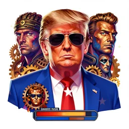 portrait of donald trump with sunglasses as superhero, maga stars stripes doom eternal with detailed faces enchanted psychedelic wide angle shot white background vector art illustration gears of war illustration gta 5 artwork of donald trump, in the style of gta 5 loading screen, by stephen bliss by hieronymus bosch and frank frazetta