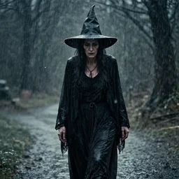 really old witch, walking through heavy rain, melancholic, sad, lots of raindrops, detailed, cinematic, dramatic lighting, by kelly freas