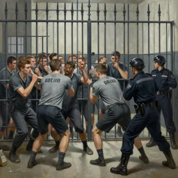 hyperrealism painting of prisoners scheming to escape prison while guards are distracted by a fight