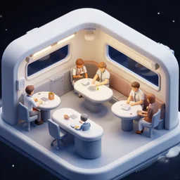 close up isometric view of the crew's restaurant onboard a spaceship, from a space themed lucasarts point and click 2 d graphic adventure game, art inspired by thomas kinkade