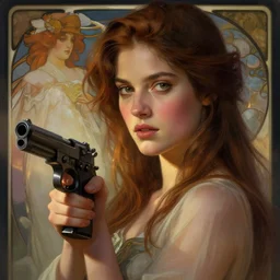 Yvonne Strahovski as a beautiful young woman holding a pistol, portrait art by alphonse mucha and greg rutkowski, highly detailed, digital painting, concept art, illustration, dim lighting with twilight rays of sunlight, trending on artstation, very detailed, smooth, sharp focus, octane render, close up