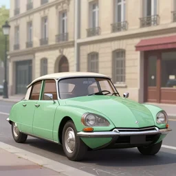 a wholesome beautiful animation key shot of!! one!! focused!! 1 9 7 4 citroen ds!! in a paris street, medium wide shot, sharp, very detailed, high resolution, rendered in unreal engine 5, anime key art by greg rutkowski, bloom, dramatic lighting