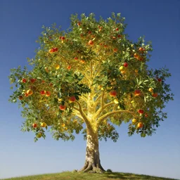 A luminous tree of colorful fruits in the sky, concept art, digital art, well detailed, trending on artstation, 8k, By Albert Bierstadt