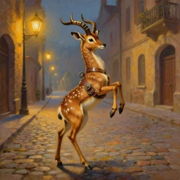 a beautiful painting of a steampunk gazelle standing on his back legs on a street paved with cobblestones and warm streetlights, by James Gurney and Thomas Kinkade and Ralph Horsley
