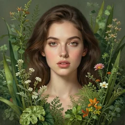 a beautiful detailed front view portrait of a woman with plants and flowers growing, photography