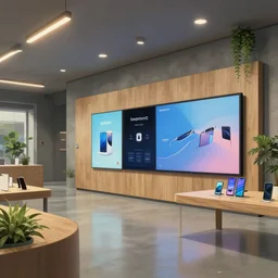 2 0 3 0 s flagship retail interior. experience. telco digital screens phones. wood, polished concrete, neon, ceiling spots. plants. samsung microsoft apple nike adidas tesla muted colors!!!!!!!!!! ( ( ( digital painting by studio ghibli hayao miyazaki ) ) )