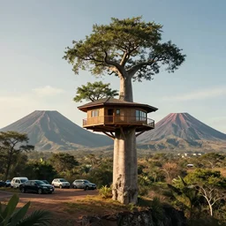 a modern treehouse made on the side of a cliff in madagascar, baobab tree, next to an enormous volcano, cars parked below, artstation, an epic fantasy, cinematic lighting, photographic, hyper realistic, photographic, sharp focus, by greg rutkowski and wolp, artgerm