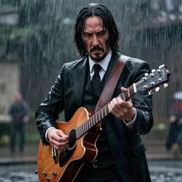 john wick playing a guitar!!!, in the rain!!!, photorealistic!!!, realistic, dramatic, cinematic!!!, photography