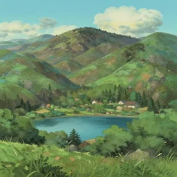 a valley surrounded by mountains with a lake, anime style, by studio ghibli