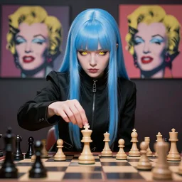 a female marionette manipulating chess pieces,'with yellow eyes ', straight sky blue hair, long bangs, black jacket, high collar, concept art, award winning photography, digital painting, cinematic, by wlop, anime key visual, wlop, 8 k, by ilya kuvshinov, andy warhol,