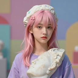 a young beautiful woman made from marble, face in the style of constantin brancusi : 5, wes anderson background, casual modern clothing, artgem, portrait, boris valejo, kawaii hairstyle, pastel colors, colorful, octane render, digital painting, subsurface scaterring, rim light, details, contemporary sculpture, unreal engine, museum piece, dynamic light,