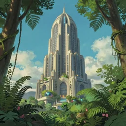 A Futuristic skyscraper in Art Nouveau Architecture, movie concept art, Breath of the wilde, studio ghibli style, Lush vegetation with ferns, miyazaki, Craig Mullins dappled lighting, octane render, cinematic, photographic, realistic, highly detailed