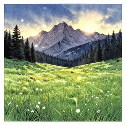 dusk at the alpine meadow. color ink wash by award - winning mangaka, chiaroscuro, bokeh, backlighting, intricate details
