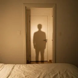 view from the bed looking towards the hallway door at night with a shadow person standing at the door, photography