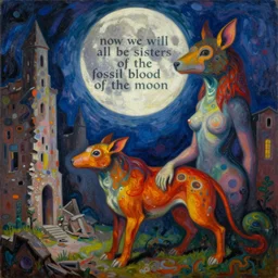 bright dramatic lighting colorful surrealist oil painting titled'now we will all be sisters of the fossil blood of the moon ', magical realism symbolist, ruined city landscape with hybrid animal protagonist, painted by franz marc and paul klee and wassily kandisnky, shocking detail trending on artstation 8 k
