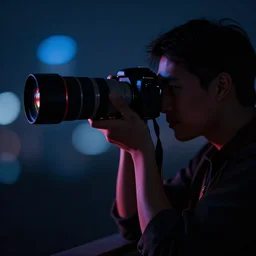 silhouette of a photographer taking a picture. close up. telephoto lens. blue and red lighting. bokeh. vignette. bluish darks. studio