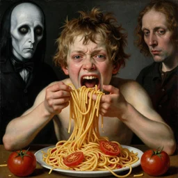 a boy made of spaghetti and tomato, looking into camera, screaming in pain, by giuseppe arcimboldo and ambrosius benson, renaissance, intricate and intense oil paint, a touch of beksinski and hr giger and edward munch, realistic