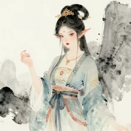 Elven goddess in the style of Chinese watercolor,