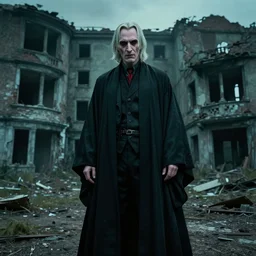 Portrait of Voldemort standing in front of the ruins of an apartment, cinematic photography, HD, eerie