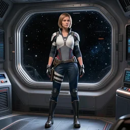 Miranda Lawson from mass effect 2. full shot. spaceship interior. window view of space and stars.