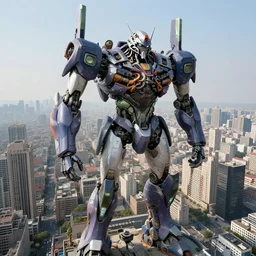 Gigantic cyborg, intricate detail, robot parts, wires, colossal, towering over the city, large city, expansive, massive, sense of scale, depth, 18mm lens, photography