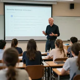 A photograph of a tall caucasian bald male teacher discussing the benefits and dangers of AI with his students in the classroom, 55mm zeiss hasselblad f/4 award winning photo