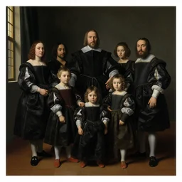 super quality family portrait in the main room of the castle painted in 1 6 5 6, dark room, one point of light coming through the window inspired by las meninas, clear spaces between each subject and good detail and realistic eyes, faces for each person in the canva, inspired by diego velasquez baroque style, hdr