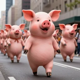a parade in new york city, everyone is dressed as Pigsy from Manhunt, 4k