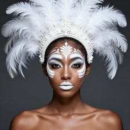 absurdly beautiful, fashionable young woman with clear black skin and symmetrical white tribal makeup, wearing an intricate headdress made from white feathers, wearing large earrings made from white pearls, ambient background in the fourth dimension, psychedellic fractals, ayahausca, tryptamine, hyperdetailed illustration by irakli nadar and alexandre ferra, intricate linework, unreal engine 5 highly rendered, global illumination, radiant light, detailed and intricate environment