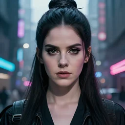 cinematic portrait of lana del rey as a street samurai, cyberpunk city background, full face portrait, centered, symmetrical face, atmospheric lighting, intricate, perfect eyes, volumetric lighting, cyberpunk, concept art, sharp focus, ultra detailed, concept art by marc simonetti and dan mumford. featured on artstation