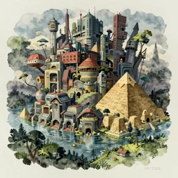 a realistic and atmospheric cell - shaded watercolor concept art from howl's moving castle ( 2 0 0 4 ) of a sci - fi city and an egyptian pyramid complex in a flooded rainforest. very dull muted colors, hd, 4 k, hq