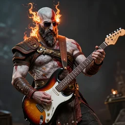 sunglasses wearing kratos rocking out on a stratocaster guitar, cinematic render, god of war 2 0 1 8, playstation studios official media, sunglasses, lightning, flames