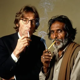 john lennon and yoko ono smoking with an old nepali man from 1970s era, vintage photograph