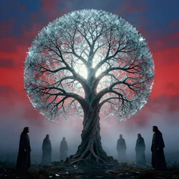 symmetry tree of life, druid, shattered glass, cinematic light, backlight, red sky blue, misty, by mikhail vrubel, by philippe druillet, by peter elson, by gerald brom, muted colors, ( ( extreme detail ) ), trending on artstation, 8 k