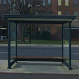 dark city bus stop, painted by Edward Hopper and James Gilleard, oil painting